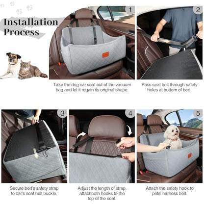 Wooaidagg Dog Car Seat for Medium & Large Dogs Up to 55lbs, Memory Foam Cushion, Washable Cover, Safety Straps & Non-Slip Base(Grey,Large) - color: GREY
