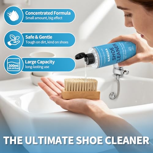 Shoe Cleaner, 10.14 fl oz Premium Shoe Cleaning Kit with Brush & Towel, Sneaker Cleaner Kit Safe for White Shoes, Leather, Boots, Canvas, PU, Mesh & More
