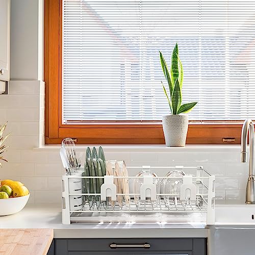 Simple Houseware White Dish Drying Rack with Drainboard, Utensil Holder & Mug Hooks – Metal Kitchen Counter Organizer - color: White