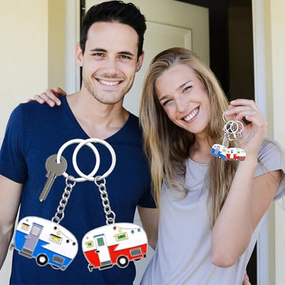 Thinp 2 Pieces Camper Keychain, RV Camper Keyring Accessories for Travel Trailers Enameled Metal Retro Camping Car Keychain - color: Blue+red