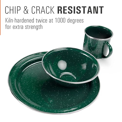 GSI Outdoors Pioneer Enamel 12 Pieces (4-Person) Dish Set I Enamelware Dishes Including Plates, Bowls and Mugs for Camping, Outdoors, RV, Camp, Green