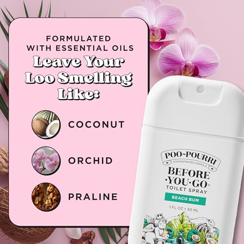 Poo-Pourri Before-You-Go Pocket Toilet Spray, Travel Essentials, Beach Bum, 1 Fl Oz, Up to 50 Uses, On-The-Go Bathroom Odor Deodorizer with Essential Oils, TSA Approved Size, Coconut Orchid Scent - size: 1 Fl Oz (Pack of 1)