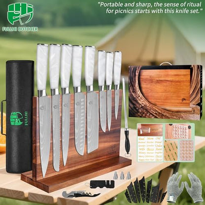 FULLHI 15pcs Japanese Knife Set with Magnetic Knife Block Holder, Stainless Steel Blades, White Resin Ergonomic Handles for Professional and Home Cooking - color: White, size: Magnetic Block Knife set