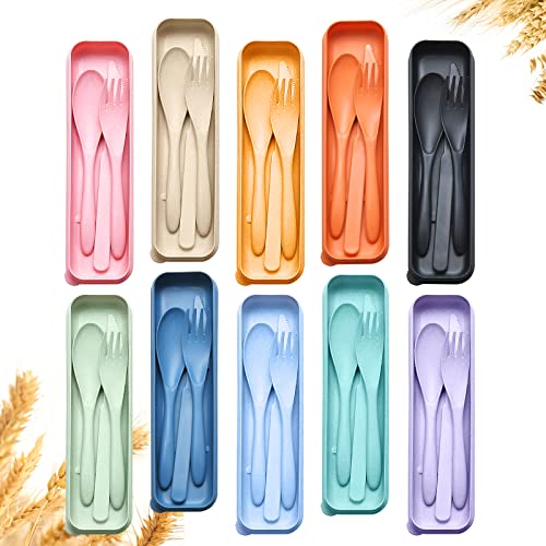 Reusable Travel Utensils Set with Case, 10 Sets Wheat Straw Portable Knife Fork Spoons Cutlery, Eco-Friendly BPA Free Plastic Tableware for Kids Adults Travel Picnic Camping Silverware - color: 10 Sets - Pink, Dark Blue, Nordic Green, Yellow, Orange, Purp