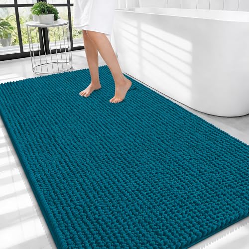 OLANLY Thick Large Bathroom Rugs 44x32, Extra Soft Absorbent Chenille Bath Rugs, Rubber Backing, Machine Wash Dry, Bath Mats for Bathroom Floor, Tub and Shower, Home Decor Accessories, Peacock Blue - color: Peacock Blue, size: 44" X 32"