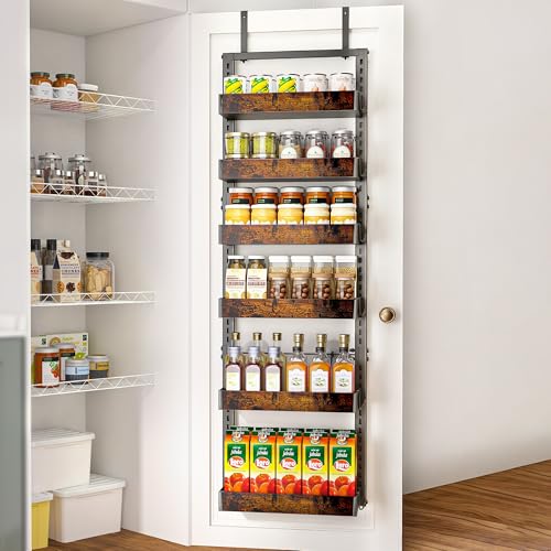 BUKFEN 6-Tier Over the Door Pantry Organizer, 2-in-1 Door Hanging or Wall Mounted Spice Rack with Adjustable Wooden Baskets, Heavy Duty Metal Storage Shelf, 12 Hooks for Kitchen, Bathroom, Closet - color: Black pole wood color, size: 6 Tier