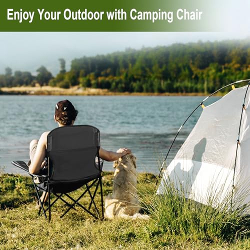 Folding Camping Collapsible Chairs Heavy Duty Lawn Chair with Cooler Bag, Storage Pocket, Waterproof Bag Outdoor Arm Chair, Supports 225LBS, Black