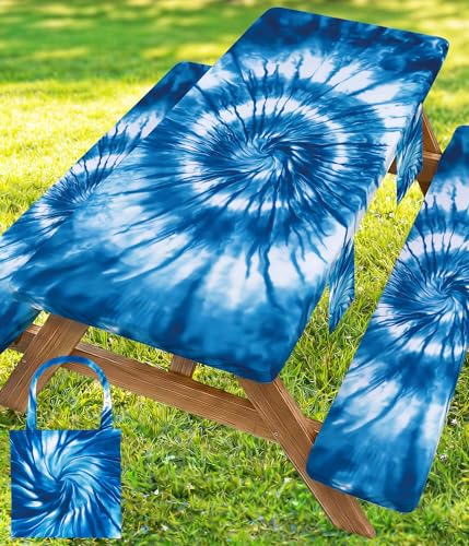 Picnic Table Cover with Bench Covers Camping Essentials Windproof Waterproof Patio Outdoor Tablecloth with Storage Bag, Fitted Rectangle Tables and Seats Tablecover for Rv Owner Camper 72in - color: Blue Tie-dye, size: 72in