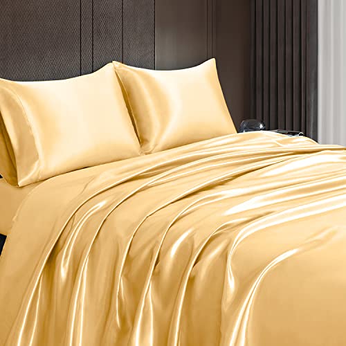 Homiest 3pcs Satin Sheets Set Luxury Silky Satin Bedding Set with Deep Pocket, 1 Fitted Sheet + 1 Flat Sheet + 1 Pillowcase (Twin Size, Gold) - color: Gold, size: Deep pocket - Twin size
