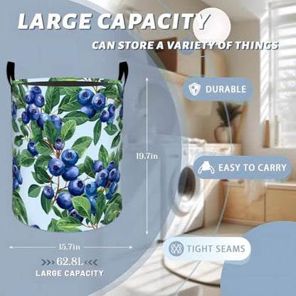 Fresh Blueberry and Green Leaves Laundry Basket with Handles, 19.7"x15.7" Clothes Foldable Laundry Hamper Organizer for Dorm Nursery Bedroom Bathroom Decor, Toy Storage Bin for Kids - style: Blueberry04