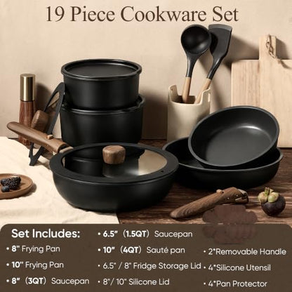 CAROTE 19pcs Pots and Pans Non Stick, Cookware Sets Detachable Handle, Induction Kitchen Pots and Pans,NonStick Cooking Set, Oven/Dishwasher/Fridge Safe, Space Saving - color: Black, size: 19 Piece