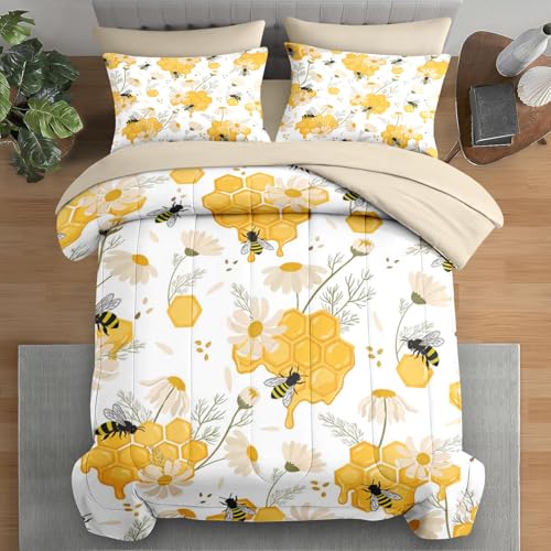 Pamnest Comforter Set Twin Size, Bees Honey Flower 5 Pcs Bedding for Kids and Adults, Spring Floral Summer Bed Sheet Sets with Fitted Sheet Pillowcase & Sham for Bedroom Bed Decor - color: Bees, size: Twin