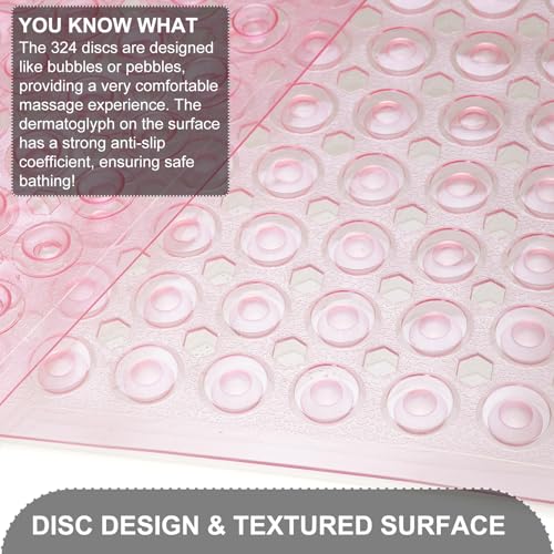 TEESHLY Bath Mat for Tub & Shower, Non Slip Soft Bathmat with Suction Cups & Drain Holes, Machine Washable Bathtub Floor Liner Mats for Bathroom, 35x16 Inch, Clear Pink - color: Pink (Translucent)