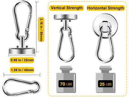 DIYMAG 70LBS Magnetic Hooks,6 Pack Heavy Duty Neodymium Magnetics with Swivel Carabiner Hook,Great for Your Refrigerator and Other Magnetism Surfaces - size: 0.98in