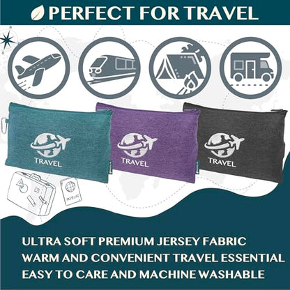 PAVILIA Travel Blanket Compact, Airplane Packable Bag, Soft Fleece Portable Throw Pillow Combo Set, Plane Flight Car Trips Essentials Gift Accessories, Luggage Backpack Clip, Purple, 65 x 40 Inch - color: Purple