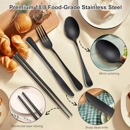Reusable Travel Utensils Set with Case, Premium Stainless Steel Flatware, Portable Silverware for Lunch, Camping, Picnic, Travel Fork and Spoon Set, To Go Utensils, Dishwasher Safe - color: Black