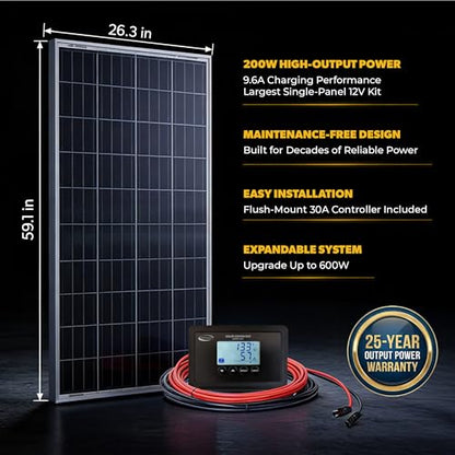 Go Power Overlander Charging Kit 200W - 12V Solar Panel Kit w/ 30-Amp Bluetooth® PWM Controller, Expandable Up to 600W, Includes 2X 25ft Solar Output Cables (Male and Female) for RV & Dry Camping Use