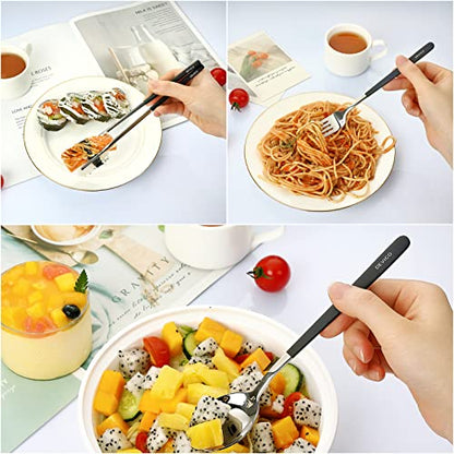 DEVICO Portable Travel Utensils with Case, Reusable Camping Silverware for Lunch, 18/8 Stainless Steel Cutlery Set (Black) - color: Black