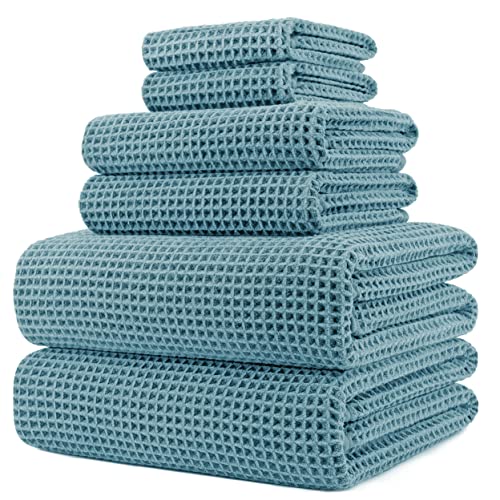POLYTE 430 GSM Microfiber Quick Dry Lint Free Oversize Bath Towel Set, 6 Piece (Waffle Weave) - color: Green