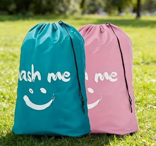 2 Pack XL Travel Laundry Bag, Dirty Clothes Organizer with Drawstring, Large Enough to Hold 4 Loads of Laundry， Easy Fit a Laundry Hamper or Basket，24" x 36" - color: Sky Blue+Pink