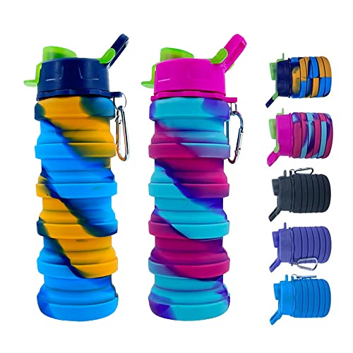 Collapsible Silicone Water Bottles 2 Pack - 500ml Portable Expandable Sport Bottle with Carabiner for Travel & Camping (Yellow Camouflage + Rose Red) - color: Yellow Camouflage+Rose Red