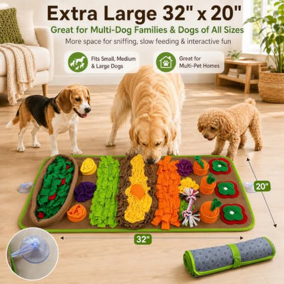 Snuffle Mat for Dogs – Extra Large 32'' x 20'', Washable Slow Feeder Dog Toy, Durable Interactive Dog Puzzle for Mental Stimulation & Nosework Training, with Anti-Slip Suction Cups - color: Green-Yellow