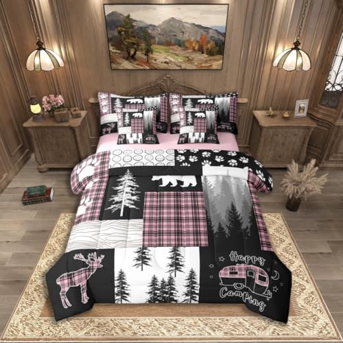 Erosebridal 7Pc Rustic Cabin Lodge Twin Comforter Set, Bear Deer Farmhouse Country Bedding Sets with Sheets, Pink and Black Buffalo Plaid Patchwork Quilt Camping Decor RV Bunk Camper Bed in a Bag - color: Pink Black Grey, size: Twin