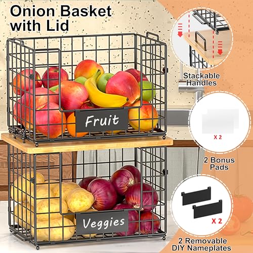 keomaisyto 2 Set XL Stackable Wire Baskets with Bamboo Top- Pantry Organizers and Storage, Kitchen Organization Counter Storage Bins for Potato/Onion/Fruit/Vegetable/Produce, Under Sink Organizing - size: XL-17.28x13.15x8.43