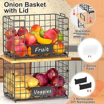 keomaisyto 2 Set XL Stackable Wire Baskets with Bamboo Top- Pantry Organizers and Storage, Kitchen Organization Counter Storage Bins for Potato/Onion/Fruit/Vegetable/Produce, Under Sink Organizing - size: XL-17.28x13.15x8.43