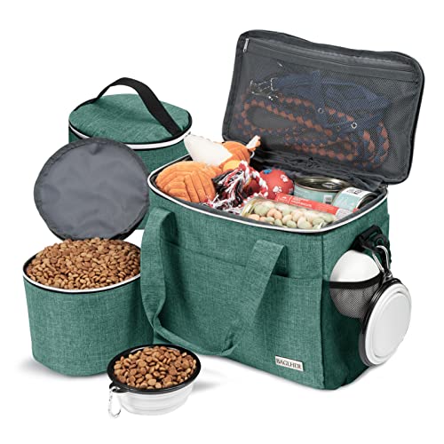 BAGLHER Dog Travel Bag Backpack Pet Supplies Backpack Pet Accessories Storage Bag 5-Piece Set With Shoulder Strap 2 Lined Pet Food Containers 2 Foldable Feeding Bowls Essential Kit for Pet travel - color: Green, size: Medium