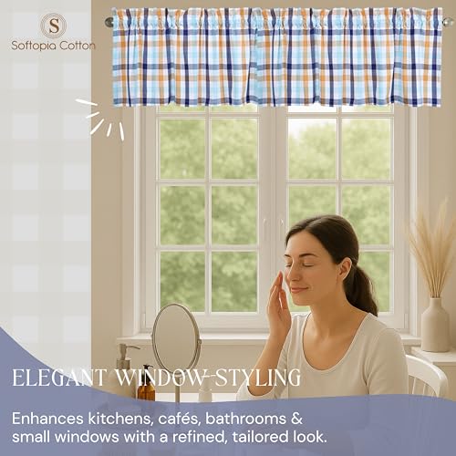 Gingham Valance Curtains, 2 Pack, 54x18 Inches, 100% Cotton Window Valances, Rod Pocket Curtain Panels for Kitchen, Bedroom, Living Room, Indigo Blue - Mustard Yellow - Aqua Blue - color: Multi Blue, Yellow, size: 18"W x 54"L (Pack of 2)