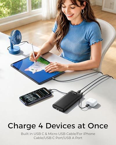 VEGER Portable Charger with Built-in AC Plug and Cables, All in One 10000mAh Ultra Slim Power Bank Travel Essentials, USB C External Battery Pack Compatible with iPhone, Samsung, Android, Black - color: A Black