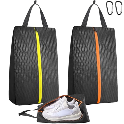 TOBWOLF 2PCS Golf Shoes Bags for Smelly Cleats, Water Resistant Lightweight Track Shoe Bags for Spikes with Zipper and Handle, Shoe Bag for Travel Women, Basketball, Gym, Golf, Soccer - color: Black-Orange & Black-Yellow