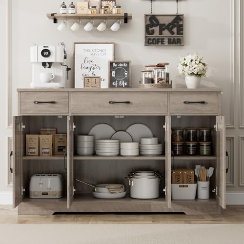 HOSTACK Buffet Sideboard Cabinet with Drawers, 55" Large Buffet Storage Cabinet with Shelves and Doors, Modern Farmhouse Coffee Bar Station for Kitchen, Dining Room, Ash Grey - color: Ash Grey