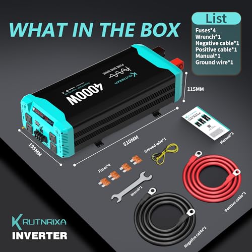 4000W Pure Sine Wave Inverter Peak 8000w 12V DC to 120V AC for RV, Truck, Off-Grid, Home, Solar Car Power Inverter with Dual AC Hardwire Port, 20A Socket, 5V 2.1A USB - size: Pure sine 4000w