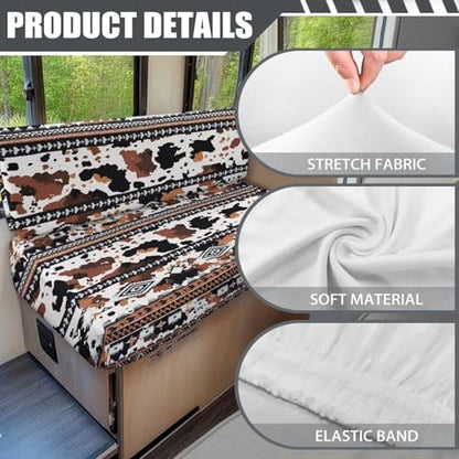 RV Dinette Cushion Covers Aztec Brown Cow Print Camper Cushion Slipcovers Stretch Washable Couch Covers for RV Camper Sofa Bed Easy to Install - color: Aztec Brown Cow Print