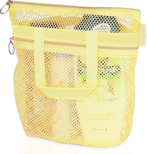 DV Lifestyle Mesh Shower Bag 10.2x9.9'' Quick-Dry Caddy with Zipper & 2 Pockets. Portable Toiletry Tote for Bathroom, Gym, Travel, Camp, Beach, for Sunscreen, Dorm & College Essentials (Yellow) - color: Yellow, size: Small