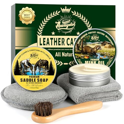 Leather Boot Care Kit - Mink Oil,Saddle Soap,Horsehair Brushes,Applicator & Microfiber Cloth,Flannel bag,Leather Shoe Care Kit for Cowboy Boots Work Boots, Shoes, and Tack