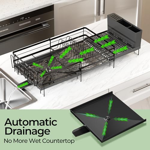 Large Dish Drying Rack, Expandable Dish Rack, Stainless Steel Dish Racks for Kitchen Counter, Multifunctional Dish Drainer with Utensil & Cup Holder, 13.4"-28.7" L x 11.8" W, Black - color: Black, size: 1 Tier