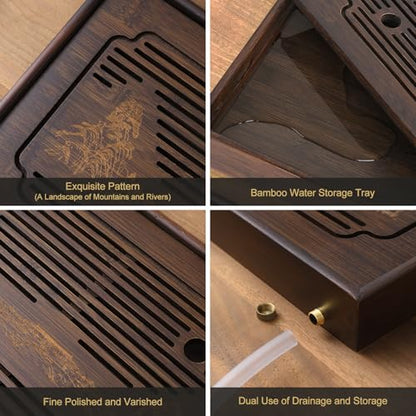 Jotsport 15 Inch Bamboo Kung Fu Tea Tray with Water Storage Drainage for Gongfu Tea Set Chinese Tea Ceremony Serving Table Set