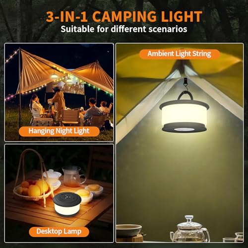 TOHETO 2-Pack Camping String Lights, 3 in 1 Upgraded Retractable RGB Outdoor String Lights with 19 Lighting Modes, Quick 30s Recovery, 32.8 FT Portable Tent Light, Rechargeable Camping Lantern (Black) - style: Black-2Pack