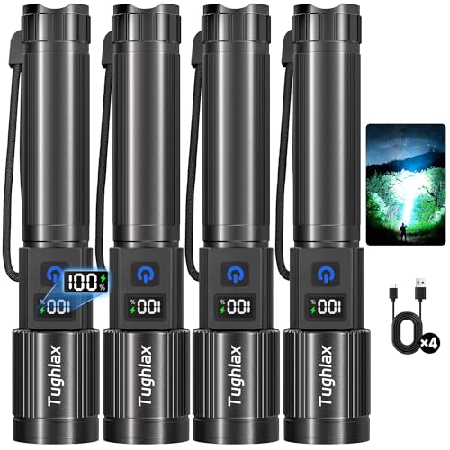 4Pack Rechargeable Flashlights High Lumens 10000LM, Super Bright Flashlight with LCD Digital Display, 5 Modes Adjustable Flash Light, LED Flashlight Powerful, Tactical Flashlights for Home