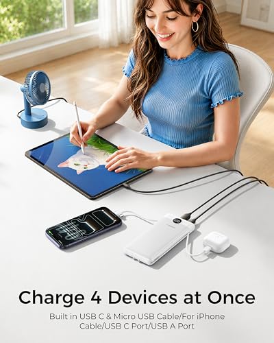VEGER Portable Charger with Built-in AC Plug and Cables, All in One 10000mAh Ultra Slim Power Bank Travel Essentials, USB C External Battery Pack Compatible with iPhone, Samsung, More, White - color: B White