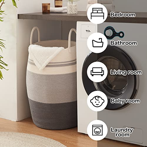 OIAHOMY Laundry Hamper Woven Rope Large Clothes Hamper 25.6" Height Tall Laundry Basket with Extended Handles for Storage Clothes Toys in Bedroom, Bathroom, Foldable (Dark Grey) - color: Dark Grey