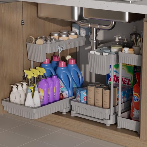 Sevenblue 3 Pack Multi-Purpose Pull-Out Storage Organizers, 2-Tier L-Shaped Under Sink/Cabinet Organizers and Storage for Bathroom & Kitchen,Grey,12.85 Inch - color: Gray, size: 12.85 Inch