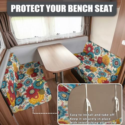 Boho Flowers RV Dinette Cushions Covers RV Bench Furniture Protector Set with 1 Backrest Cover & 1 Bench Cover, Washable - color: Boho Flowers