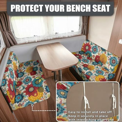 Boho Flowers RV Dinette Cushions Covers RV Bench Furniture Protector Set with 1 Backrest Cover & 1 Bench Cover, Washable - color: Boho Flowers