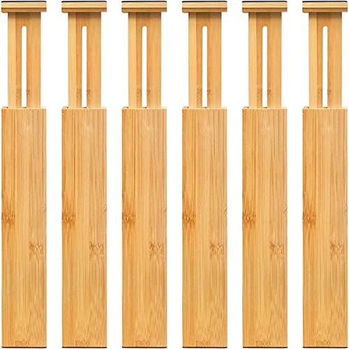 VaeFae 6-Pack Adjustable Bamboo Drawer Dividers, Expandable Drawer Organizer for Kitchen Utensils, Clothes, Bathroom, Office – Fits Drawer Interiors 16.6" to 21.8" - size: 2.4''H, 16.6''-21.8''L, 6 Pack
