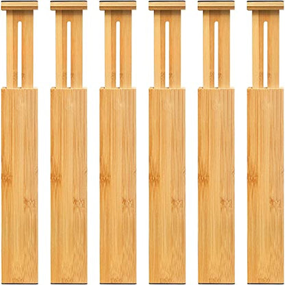 VaeFae 6-Pack Adjustable Bamboo Drawer Dividers, Expandable Drawer Organizer for Kitchen Utensils, Clothes, Bathroom, Office – Fits Drawer Interiors 16.6" to 21.8" - size: 2.4''H, 16.6''-21.8''L, 6 Pack