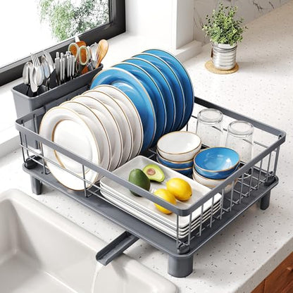 SNTD Dish Drying Rack - Small Dish Rack for Kitchen Counter, Stainless Steel Dish Drainer with Utensil Holder and Drainboard, 11" W x 15" L (Grey) - color: Gray, size: 11" W x 15" L